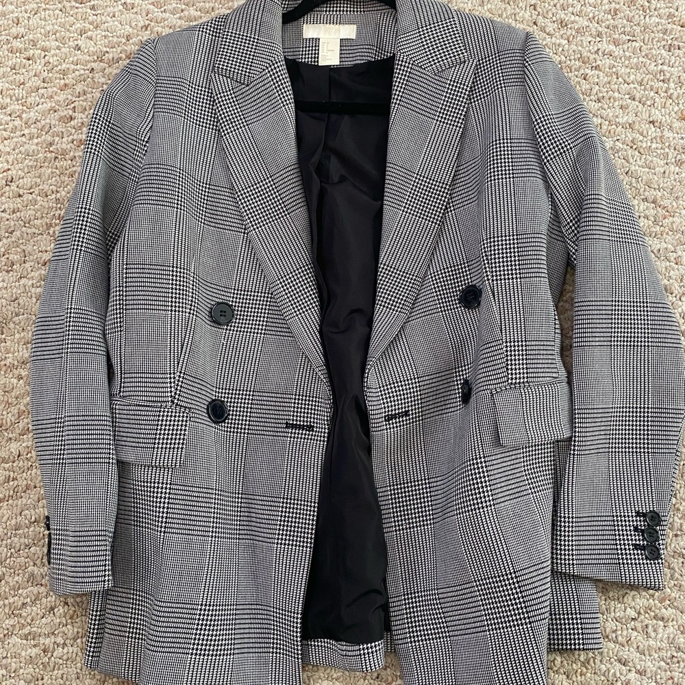 H&M Black & Gray Glen Plaid Double-Breasted Blazer
